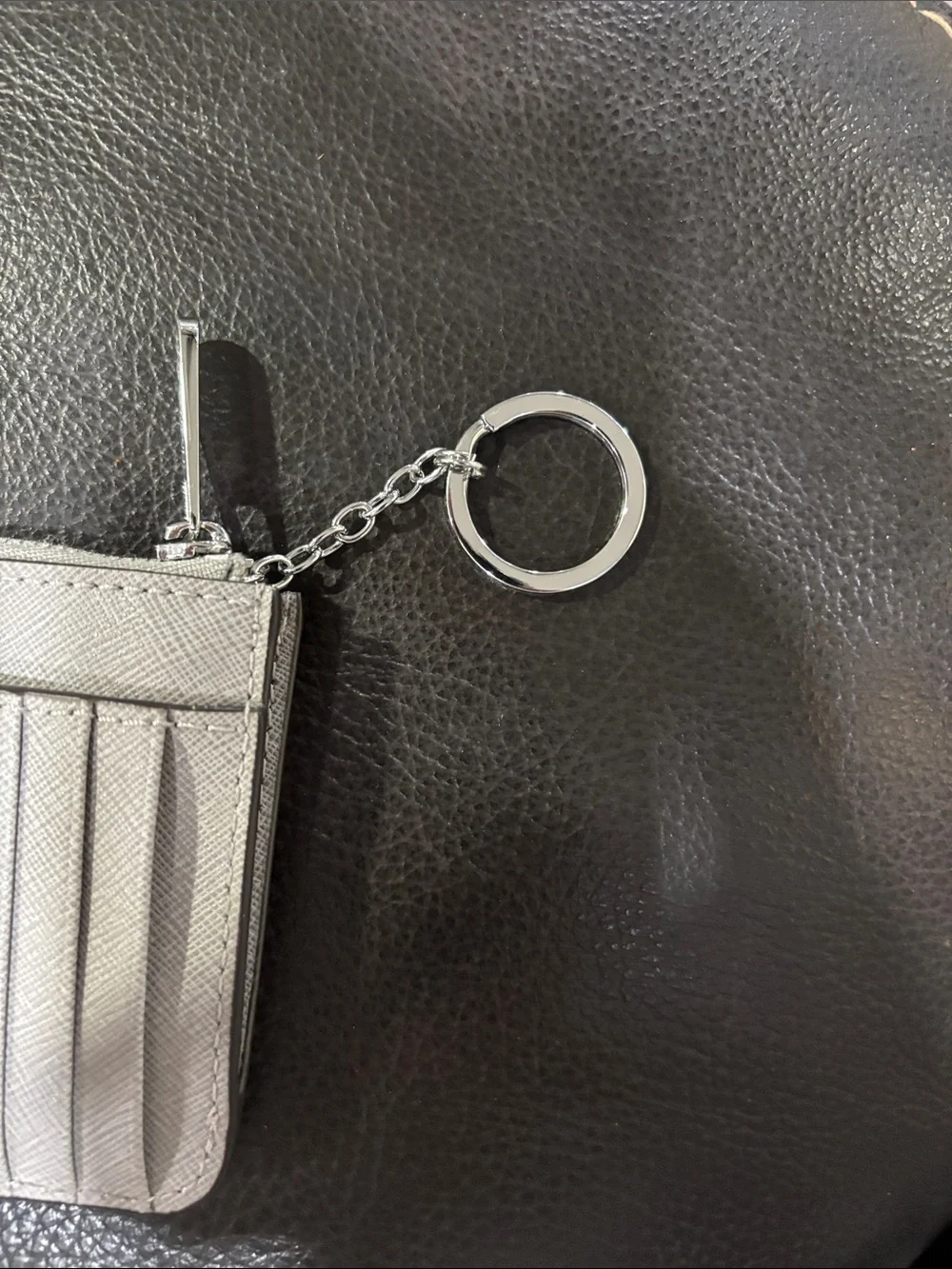 Michael Kors Silver-Tone Light Gray Saffiano Zip Key Card Case